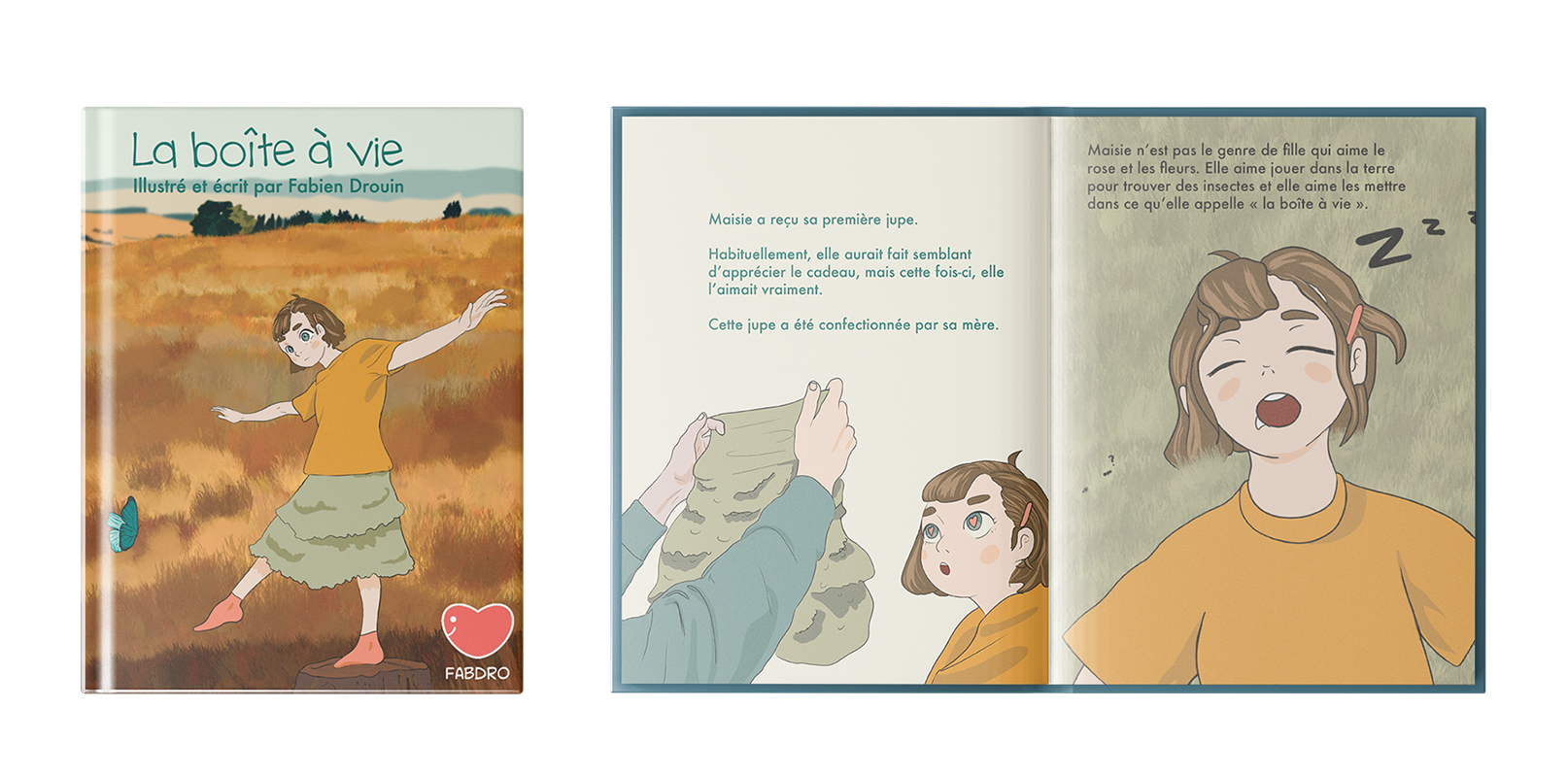 Mise en page et illustration d'un livre pour enfant La boîte à vie par Fabien Drouin